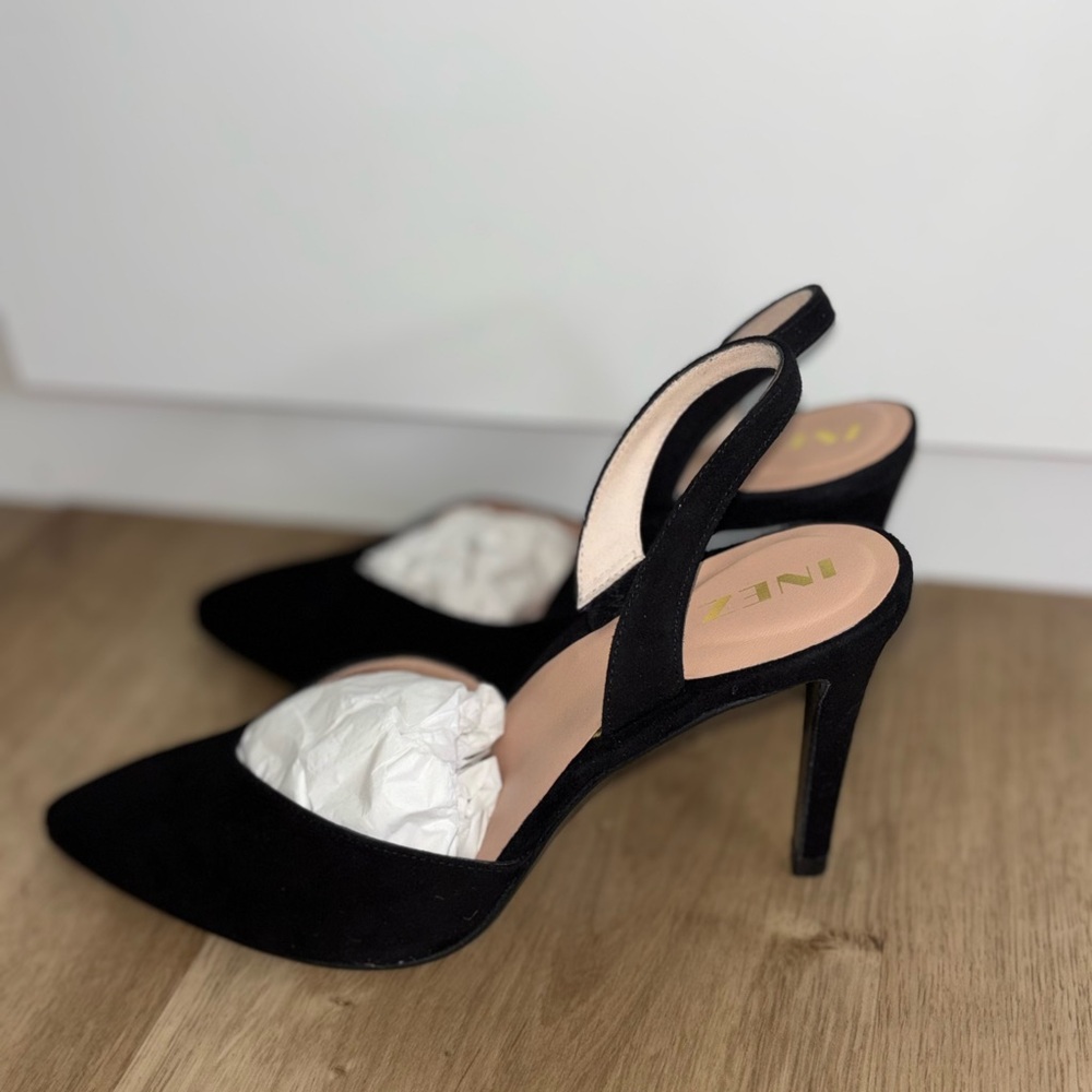 INEZ Black Suede Slingback Pointed-Toe Stiletto Heels
